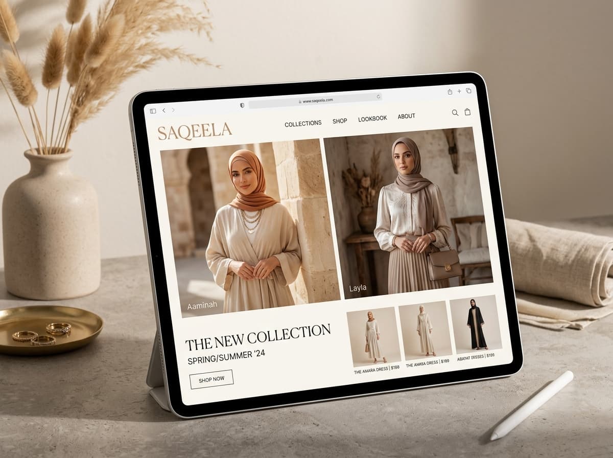 Saqeela Fashion — Identitas Visual & E-Commerce Lookbook